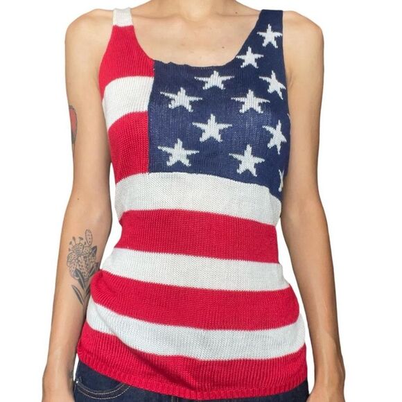 Cloud chaser American Flag Knit Tank Top with Mesh Overlay White/Red/Blue Sz.M - Picture 1 of 10